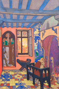 антикварная картина художник Николай Рерих  Комната короля Гиальмара. эскиз к драме Метерлинка Принцесса Мален 1913